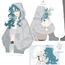  2girls alternate_costume blue_hair boots fang fang_out giving green_eyes grey_boots grey_hoodie hair_over_one_eye hands_in_pockets hissabeth hood hood_up hoodie hugging_own_legs ing_(ing205509) knees_to_chest loading_icon long_hair midriff multiple_girls multiple_views reverse:1999 shirt sitting snake snake_on_head upper_body violet_eyes white_background white_hair white_shirt windsong_(reverse:1999) 