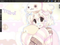  2000s_(style) :3 ahoge animal_hair_ornament art_program_in_frame bandaid bandaid_on_cheek bandaid_on_face blue_bow blue_hair blush bow brown_background brown_eyes brown_hair character_hair_ornament character_name checkerboard_cookie cookie dot_nose food gender_request hair_ornament hairclip highres jelly_(bonnybel) long_sleeves mamegoma_(san-x) mimi_(bonnybel) neapolitan_palette open_mouth original pink_hair polka_dot polka_dot_background polka_dot_bow san-x solo stuffed_animal stuffed_seal stuffed_toy thick_eyebrows 