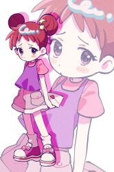  1girl blush_stickers closed_mouth commentary_request double_bun envelope full_body grey_shorts hair_bun hair_ornament harukaze_doremi highres holding holding_envelope korean_commentary looking_at_viewer musical_note musical_note_hair_ornament nonanonnon6u6 ojamajo_doremi pink_shirt purple_shirt purple_shoes red_hair shirt shoes short_hair short_sleeves shorts sneakers socks solo standing white_background white_socks zoom_layer 