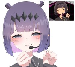  1girl absurdres black_hairband black_shirt blue_eyes colored_inner_hair commentary diamond_hairband hairband highres hololive hololive_english looking_at_viewer mole mole_under_eye multicolored_hair ninomae_ina'nis ninomae_ina'nis_(drawn_to_dawn) official_alternate_costume official_alternate_hairstyle pink_hair reference_inset shirt short_hair solo sweetwhite tentacle_hair untranslatable_commentary virtual_youtuber white_background 
