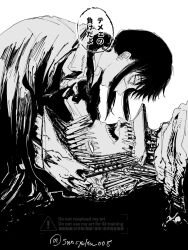 blood broken broken_weapon cape chainsaw_devil chainsaw_man collared_shirt commentary denji_(chainsaw_man) english_commentary highres looking_at_another monochrome naughty_face ponytail ribbon ringed_eyes sansyoku_008 scar scar_on_cheek scar_on_face sharp_teeth shirt smile teeth tongue tongue_out weapon white_background yoru_(chainsaw_man) 