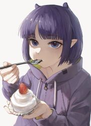  1girl blue_eyes cupcake eating food food_on_face highres holding holding_food holding_spoon hololive hololive_english jacket ninomae_ina'nis ninomae_ina'nis_(loungewear) official_alternate_costume official_alternate_hairstyle pointy_ears purple_hair purple_jacket simple_background solo spoon tarinne tentacle_hair utensil_in_mouth virtual_youtuber white_background 