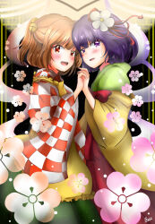  2girls :d apron bell blush bow checkered_haori cherry_blossom_print commentary_request floral_print flower frilled_apron frills green_kimono green_skirt hagoromo hair_bell hair_flower hair_ornament haori hieda_no_akyuu highres holding_hands japanese_clothes kimono kuronon looking_at_viewer medium_hair motoori_kosuzu multiple_girls open_mouth orange_eyes orange_hair purple_hair red_bow red_skirt shawl signature skirt smile teeth touhou upper_teeth_only violet_eyes yellow_apron yellow_kimono yuri 