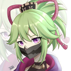  1girl absurdres armor commentary_request eyebrows_hidden_by_hair genshin_impact green_hair hair_between_eyes highres japanese_armor kuki_shinobu looking_at_viewer mask menpoo mouth_mask multicolored_hair ninja_mask portrait simple_background solo streaked_hair txin_xin violet_eyes white_background white_hair zoom_layer 