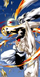  1boy absurdres black_hair bleach clenched_hands clouds commentary commission crescent_moon edrad_liones english_commentary fighting_stance fire full_body glowing_fist hakama highres hole_in_chest hole_on_body incoming_attack incoming_punch japanese_clothes ken'ichi_(ken1ro_u) kubo_tite_(style) long_hair looking_at_viewer male_focus moon multicolored_hair night nose official_style outdoors parted_lips punching pyrokinesis red_hair scar scar_on_face second-party_source skeb_commission sky smoke solo thick_eyebrows tsurime two-tone_hair white_hakama 