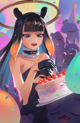  1girl absurdres balloon birthday_cake black_dress black_gloves black_hair blue_eyes brown_hairband brown_halo cake confetti diamond_hairband dress food fork fur-trimmed_collar fur_trim gloves hairband halo hat hechium highres holding holding_fork hololive hololive_english ninomae_ina'nis ninomae_ina'nis_(1st_costume) open_mouth orange_hair party_hat takodachi_(ninomae_ina'nis) tentacle_hair virtual_youtuber 
