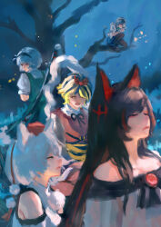  5girls absurdres animal_ears animal_print bare_tree between_fingers black_hair black_hairband black_ribbon black_shoes blonde_hair blue_dress blue_eyes bow brown_pantyhose chinese_commentary closed_eyes closed_mouth commentary_request detached_sleeves dress green_bow green_skirt green_vest grey_hair hagoromo hairband hat highres hjwhuhu holding holding_knife imaizumi_kagerou inubashiri_momiji izayoi_sakuya katana knife knives_between_fingers konpaku_youmu maid maid_headdress multicolored_hair multiple_girls neck_ribbon night on_tree open_mouth pantyhose puffy_short_sleeves puffy_sleeves red_hat ribbon shawl shirt shoes short_hair short_sleeves skirt skirt_set sword sword_on_back tiger_print tokin_hat toramaru_shou touhou tree two-tone_hair vest weapon weapon_on_back white_dress white_shawl white_shirt white_wrist_cuffs wolf_ears wolf_girl wrist_cuffs yellow_eyes 