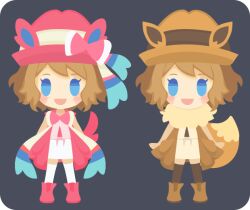 1girl :d animal_ear_headwear arms_at_sides black_border black_thighhighs blue_eyes blush_stickers boots border bow bowtie brown_boots brown_coat brown_hair brown_hat chibi chibi_only coat commentary_request cosplay dress eevee eevee_(cosplay) full_body grey_background hat looking_at_viewer multiple_views no_lineart open_clothes open_coat open_mouth pink_boots pink_bow pink_bowtie pink_hat pokemon rizu_(rizunm) serena_(pokemon) short_hair simple_background sleeveless sleeveless_coat smile standing straight-on sylveon sylveon_(cosplay) thigh-highs white_dress white_thighhighs zettai_ryouiki