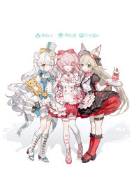  3girls accurate_lolita_coord animal_ears arknights baiye_zi_zi bear_ears bear_girl bear_hair_ornament black_dress boots bow breeze_(arknights) breeze_(half-sweet_strawberry)_(arknights) chinese_commentary chinese_text closed_eyes commentary_request dress fold-over_boots food frilled_bow frilled_socks frills full_body gloves goldenglow_(arknights) goldenglow_(party_in_the_garden)_(arknights) hair_bow hair_ornament hat heart heart_hair_ornament hello_kitty highres holding holding_stuffed_toy holding_tray knee_boots lace-trimmed_bow lace_trim lolita_fashion long_hair long_sleeves looking_at_viewer multiple_girls official_alternate_costume one_eye_closed open_mouth parfait pink_hair pink_shoes puffy_short_sleeves puffy_sleeves red_bow red_eyes rilakkuma rilakkuma_(series) rosa_(arknights) rosa_(forever_together)_(arknights) sanrio shoes short_dress short_sleeves simple_background smile socks standing stronghold_protocol_(arknights) stuffed_animal stuffed_toy sweet_lolita teddy_bear thigh-highs thigh_strap top_hat translation_request tray very_long_hair visor_cap white_background white_boots white_dress white_gloves white_hair white_hat white_thighhighs 