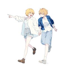  1boy 1girl :d blonde_hair blue_jacket bowl_cut brown_shoes commentary_request crossed_bangs don_quixote_(project_moon) hair_between_eyes hand_grab highres jacket korean_commentary lapels limbus_company mangsug12_40 notched_lapels open_mouth pointing project_moon shirt shoes short_hair shorts simple_background sinclair_(project_moon) smile white_background white_shirt white_shoes 