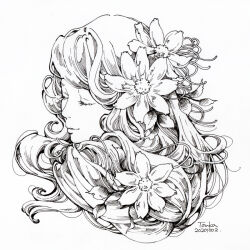  1girl artist_name closed_eyes commentary_request cropped_head dated eyelashes flower greyscale hair_flower hair_ornament inktober long_hair monochrome original parted_lips simple_background solo swept_bangs touka_(akira_nogi) traditional_media 