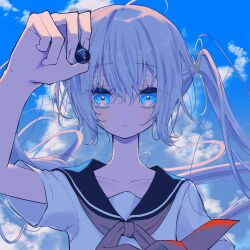  1girl absurdres blue_eyes commentary_request day drawing_on_fourth_wall expressionless hand_up highres hikap holding holding_stylus long_hair looking_at_viewer neckerchief original portrait school_uniform serafuku short_sleeves sky solo straight-on stylus twintails white_hair 