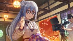  1boy 1girl bespectacled blue_eyes blue_hair braid braided_base bun_with_braided_base camera card_commentary commentary_request faceless faceless_male game_asset glasses hair_bun holding_sewing_needle idolmaster idolmaster_million_live! idolmaster_million_live!_theater_days indoors long_hair long_sleeves official_alternate_costume official_alternate_hairstyle official_art ponytail purple-framed_eyewear sewing shiraishi_tsumugi sweater_vest third-party_source white_sweater_vest 
