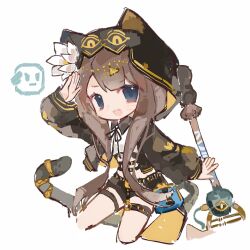  1girl :d animal_ear_hood animal_ears animal_hood arknights black_jacket black_shorts blue_eyes brown_hair cat_ears cat_girl cat_hood cat_tail chinese_commentary commentary_request ears_under_headwear feet_out_of_frame flower hand_up highres holding holding_weapon hood hood_up hooded_jacket jacket kyou_u long_hair long_sleeves looking_at_viewer navel open_clothes open_jacket open_mouth pepe_(arknights) shorts simple_background smile solo standing stronghold_protocol_(arknights) tail tail_ornament tail_ring thigh_strap weapon white_background white_flower 
