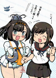  2girls akizuki_(kancolle) akizuki_kai_ni_(kancolle) artist_logo black_hair black_sailor_collar black_skirt breasts closed_eyes commentary_request creature dated eggplant expressive_hair faceless faceless_male fubuki_(kancolle) fubuki_kai_ni_(kancolle) gloves grey_eyes headgear highres kantai_collection kutone_shirika logo low_ponytail medium_breasts multiple_girls neckerchief orange_neckerchief pleated_skirt ponytail sailor_collar sailor_shirt shirt shrug_(clothing) sidelocks skirt smile translation_request watermark white_gloves white_shirt white_shrug white_skirt 
