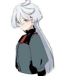  1girl asticassia_school_uniform closed_mouth green_jacket grey_eyes gundam gundam_suisei_no_majo hair_between_eyes highres jacket long_hair looking_at_viewer miorine_rembran ojimama ponytail school_uniform simple_background solo upper_body white_background white_hair 