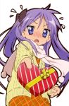  absurdres blush coat gift heart highres hiiragi_kagami holding holding_gift incoming_gift long_hair lucky_star pov purple_eyes purple_hair ribbon scarf skirt solo twintails valentine 