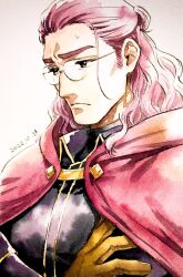  1boy character_request closed_mouth collared_shirt colored_eyebrows commentary_request copyright_request crossed_arms dated glasses highres inktober long_hair male_focus pink_hair shirt simple_background solo sweat traditional_media upper_body white_background youhe_hino 