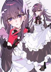  1girl alternate_costume apron asymmetrical_gloves black_dress black_gloves black_hair black_shoes closed_mouth commentary dress earclip enmaided gloves hair_ornament highres holding_own_dress honkai:_star_rail honkai_(series) hysilens_(honkai:_star_rail) kinona long_hair long_sleeves looking_at_viewer maid maid_apron mismatched_gloves multiple_views open_mouth red_gloves shoes simple_background violet_eyes white_apron 