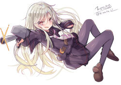  1girl absurdres blonde_hair commentary_request foreshortening highres hizaka kantai_collection kikuzuki_(kancolle) load_bearing_vest long_hair looking_at_viewer neckerchief open_mouth pantyhose red_eyes school_uniform serafuku ship_turret skirt solo twitter_username 