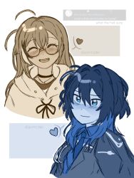  2girls ahoge blue_eyes blue_hair blue_necktie blush brown_hair closed_eyes english_commentary fan_request glasses heart highres hololive hololive_english hood hoodie jacket multiple_girls nanashi_mumei nanashi_mumei_(casual) necktie ouro_kronii ouro_kronii_(4th_costume) ribbon ruxxifystars simple_background twitter_username wolf_cut 