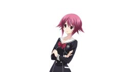  1girl black_dress chaos;child cropped_jacket crossed_arms dress game_asset hekiho_academy_school_uniform highres matsuo_yukihiro non-web_source official_art onoe_serika pink_eyes pink_hair school_uniform science_adventure short_hair solo worried 