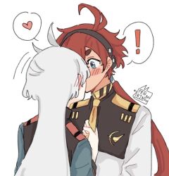  ! 2girls asticassia_school_uniform black_hairband blue_eyes blush commentary ear_blush english_commentary fenrinkyu green_jacket gundam gundam_suisei_no_majo hairband heart jacket long_hair miorine_rembran multiple_girls necktie ponytail red_hair school_uniform simple_background spoken_exclamation_mark spoken_heart suletta_mercury thick_eyebrows upper_body white_background white_hair white_jacket yellow_necktie yuri 