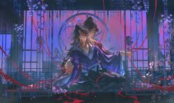  2boys baicumikuo black_hakama brown_hair commentary_request earrings hakama hanafuda_earrings haori high_ponytail highres holding_hands indoors japanese_clothes jewelry kimetsu_no_yaiba kimono male_focus multicolored_hair multiple_boys ponytail purple_kimono red_eyes red_hair red_haori scar scar_on_face scar_on_forehead scar_on_neck sitting tsugikuni_michikatsu tsugikuni_yoriichi two-tone_hair wide_sleeves 