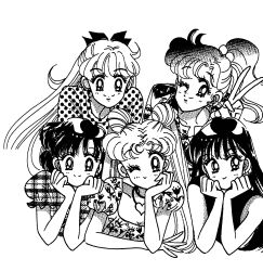  5girls absurdres aino_minako bishoujo_senshi_sailor_moon bow earrings greyscale hair_bow hand_on_own_cheek hand_on_own_chin hand_on_own_face heart heart_necklace highres hino_rei jewelry kino_makoto mizuno_ami monochrome multiple_girls necklace non-web_source official_art one_eye_closed plaid_clothes plaid_shirt polka_dot polka_dot_shirt ponytail scan self-scan shirt smile tsukino_usagi v white_background 