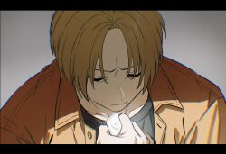 1boy black_shirt blonde_hair clenched_hand closed_eyes closed_mouth collarbone collared_shirt commentary furrowed_brow grey_background head_down highres holding male_focus open_clothes open_shirt orange_shirt parted_bangs sakamoto_days shin_(sakamoto_days) shirt short_hair simple_background solo t-shirt tanpopojio upper_body 
