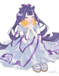  1girl alternate_costume blush dress grabbing_own_hair gradient_hair grey_dress highres holding_own_hair hololive hololive_english kenminthe knees_up looking_at_viewer multicolored_hair ninomae_ina'nis orange_hair platform_sandals purple_hair purple_ribbon ribbon sandals simple_background solo tentacle_hair toes violet_eyes virtual_youtuber white_background 