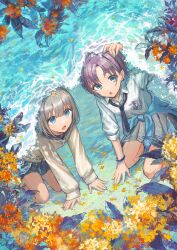  2girls :o absurdres aqua_cardigan aqua_hair asakura_toru black_necktie blue_sailor_collar bracelet cardigan cardigan_around_waist clothes_around_waist commentary_request earrings gold_osmanthus grey_hair grey_skirt hai_bokusha highres idolmaster idolmaster_shiny_colors jewelry kneeling looking_at_object loose_necktie multicolored_hair multiple_girls necktie object_in_pocket outdoors pen_in_pocket plaid_clothes plaid_skirt pocket purple_hair sailor_collar school_uniform serafuku serizawa_asahi shirt skirt two-tone_hair white_shirt yellow_cardigan 