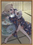  :q blonde_hair feet fish fish_tank highres japanese_clothes kimono legs original sandals solo tiv tongue upscaled yukata 