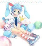  1girl animal_ears azumarill bell blue_eyes blue_hair blush bunny_girl cellphone collar costume earrings highres jewelry jingle_bell marill moemon nintendo personification phone pikachu pokemon rabbit_ears short_hair simple_background solo tail takeda_mika tears white_background 