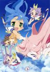  absurdres blue_eyes blue_hair brown_hair cat cathead cloud falling glasses green_eyes hairband highres hiiragi_kagami hiiragi_tsukasa holding_hands izumi_konata kusakabe_misao long_hair lucky_star minegishi_ayano nyamou official_art parachute pink_hair purple_eyes school_uniform seifuku serafuku skydive takara_miyuki very_long_hair 