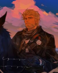  1boy animal beard black_gloves black_horse black_scarf chinese_commentary closed_mouth clouds coat commentary_request facial_hair frown gloves grey_hair highres holding holding_reins horse horseback_riding igor_(reverse:1999) lapels layered_sleeves long_sleeves male_focus mature_male outdoors reins reverse:1999 riding scar scar_across_eyebrow scar_on_face scarf shengxu4265 short_hair sky solo 