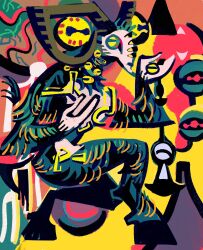  1boy abstract abstract_background body_piercings disembodied_eye elden_ring elden_ring_nightreign goat_horns goat_legs highres hooves horizontal_pupils horns libra_(elden_ring) monster mushychord sigil very_big_eyes 