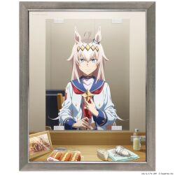  1girl ahoge animal_ears belno_light_(umamusume) blue_eyes blue_sailor_collar bottle brooch chair commentary_request ear_ornament electrical_outlet food fujimasa_march_(umamusume) grey_hair hair_between_eyes hair_brush hairband highres horse_ears horse_girl iwao_yuuichi jacket jewelry kawamura_hiyori kitahara_jou long_hair long_sleeves midriff mini_the_lady_(umamusume) mirror multicolored_hair navel neckerchief norn_ace_(umamusume) official_art oguri_cap_(starlight_beat)_(umamusume) oguri_cap_(umamusume) panty_straps photo_(object) picture_frame red_neckerchief reflection reflection_focus rudy_lemono_(umamusume) sailor_collar shibasaki_kouichi shirt solo star_brooch umamusume umamusume:_cinderella_gray white_jacket white_shirt 