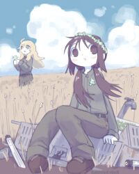  2girls absurdres artist_name black_eyes black_hair blonde_hair blue_eyes blush chito_(shoujo_shuumatsu_ryokou) clouds flower green_pants green_shirt head_wreath highres industrial_pipe kurohanenone locker looking_at_viewer low_twintails military_uniform multiple_girls open_mouth outdoors pants shimeji_simulation shirt shoujo_shuumatsu_ryokou sitting standing twintails wheat white_flower yuuri_(shoujo_shuumatsu_ryokou) 