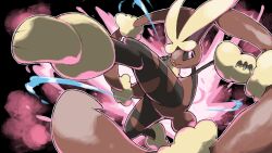  1other animal_ears black_fur black_sclera blacknirrow brown_fur closed_mouth colored_sclera commentary highres kicking looking_at_viewer lopunny mega_lopunny mega_pokemon multicolored_fur no_humans pink_eyes pokemon pokemon_(creature) pokemon_focus rabbit_ears rabbit_tail solo tail yellow_fur 