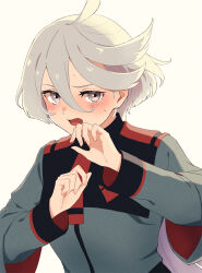  1girl absurdres asticassia_school_uniform blush brown_eyes commentary_request embarrassed gundam gundam_suisei_no_majo hands_up highres layered_sleeves long_sleeves looking_to_the_side miorine_rembran nokino_(nokinokin0) school_uniform short_hair solo sweat upper_body white_hair 