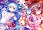  bad_id blue_hair breasts brown_hair chibi chimochi cleavage dress elbow_gloves elf fire gloves horns lucent_heart magic pointy_ears 
