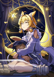  1girl absurdres animal_ears arknights bare_shoulders blonde_hair bottle bow closed_eyes clothing_cutout commentary_request dress hair_between_eyes hair_bow highres holding holding_stuffed_toy indoors kneehighs kroos_(arknights) kroos_(moonlit_voyage)_(arknights) long_sleeves nekohitsuj96199 official_alternate_costume on_floor parted_lips partial_commentary purple_bow purple_dress purple_socks short_hair shoulder_cutout sitting socks solo star_(symbol) stuffed_animal stuffed_toy teddy_bear wariza 