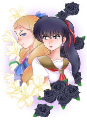  2girls black_eyes black_flower black_hair blonde_hair blue_eyes brown_sailor_collar closed_mouth commentary_request flower kunou_kodachi multiple_girls pink_lips ranma_1/2 red_lips ringlets rio_(mintboo) saginomiya_asuka sailor_collar school_uniform serafuku side_ponytail smile v-shaped_eyebrows white_flower 