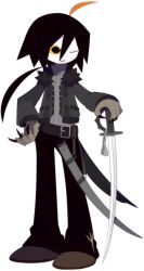  1boy ahoge belt bird_boy black_eyes black_hair black_jacket black_pants claws colored_sclera full_body funamusea funamusea_(artist) fur_collar grey_sweater haiiro_teien hand_on_own_hip holding holding_sword holding_weapon jacket official_art one_eye_closed pants pentagram rouri_(funamusea) scabbard sheath shoes short_hair simple_background solo standing sweater sword tail tassel turtleneck weapon white_background yellow_sclera 