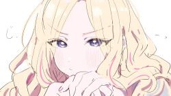  1girl absurdres blonde_hair blush commentary_request fingernails gakuen_idolmaster highres idolmaster juo_sena kasasagi_(futagodori888) long_hair looking_at_viewer multicolored_hair own_hands_together partial_commentary pink_streaks simple_background solo staring streaked_hair violet_eyes white_background 