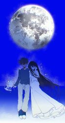  1boy 1girl absurdres black_hair black_shoes blue_sky bouquet brown_hair chromatic_aberration closed_eyes closed_mouth collarbone colored_skin commentary double-parted_bangs dress facing_viewer flower frilled_dress frills full_body full_moon grey_shirt hair_behind_ear hair_between_eyes hand_on_own_ear hand_up hero_(faraway)_(omori) hero_(omori) highres holding holding_bouquet knees_apart_feet_together long_dress long_hair mari_(omori) mari_(spirit)_(omori) moon omori outdoors pants shirt shoes short_hair sitting sky smile u_u v-neck very_long_hair very_short_hair white_flower white_pants white_skin yangliyongyuanshiyangchui 