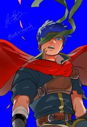  1boy blue_background blue_eyes blue_hair commentary_request dancho_no_mori fire_emblem fire_emblem:_path_of_radiance green_headband headband highres ike_(fire_emblem) looking_at_viewer male_focus short_hair simple_background solo twitter_username 