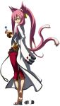  :&lt; animal_ears barefoot bell belt black_panties blazblue bracelet candy capri_pants cat_ears cat_tail facial_mark feet flat_chest forehead_mark from_behind glasses hand_on_hip highres jewelry jingle_bell katou_yuuki kokonoe lollipop looking_back lowleg midriff mori_toshimichi multiple_tails official_art orange_eyes panties pink_hair sandals short_twintails simple_background single_shoe soles solo standing tail thigh_gap thong toes trench_coat twintails underwear 