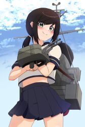  1girl adapted_turret black_hair blue_sailor_collar blue_skirt breasts commentary_request contrapposto cowboy_shot from_below fubuki_(kancolle) green_eyes highres kantai_collection looking_at_viewer low_ponytail mast medium_breasts pleated_skirt ponytail rigging sailor_collar satasashi school_uniform serafuku shirt short_ponytail skirt smile smokestack solo ventilation_shaft white_shirt 